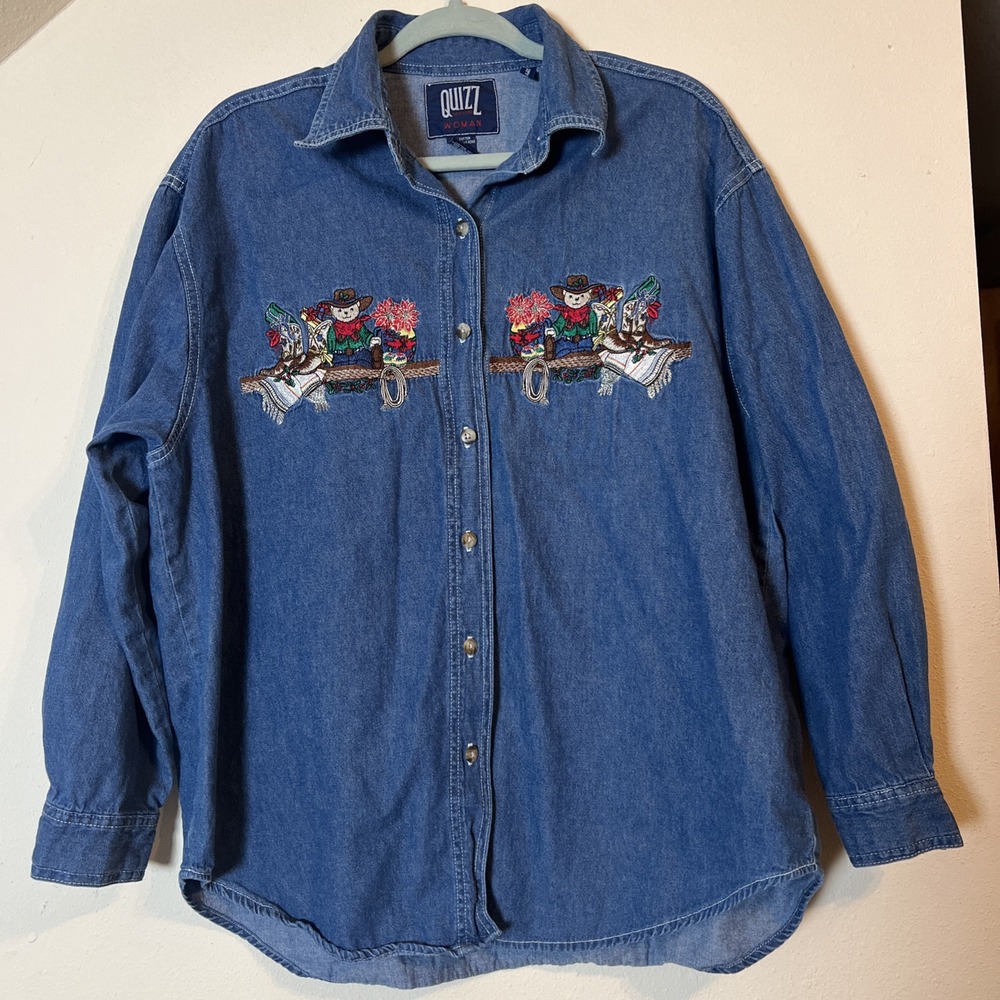 Quizz New York Plus Blue Denim Shirt Embroidered Western Cowboy Bears Size 20
